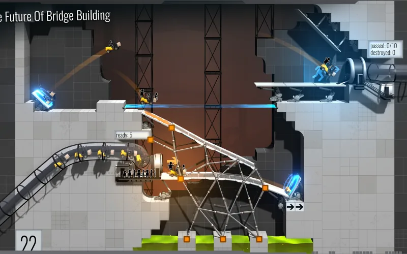 Schermata di Bridge Constructor Portal: un ponte reticolare costruito in una camera-test.