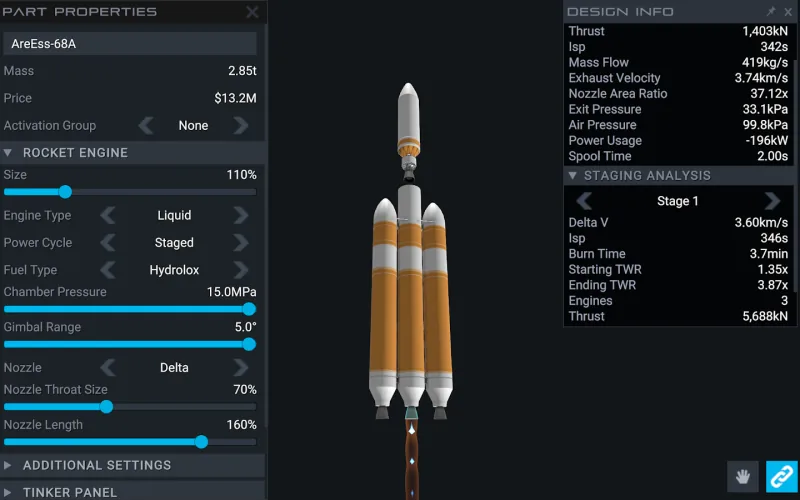 Schermata di Juno: New Origins: l'editor di progettazione di un razzo.